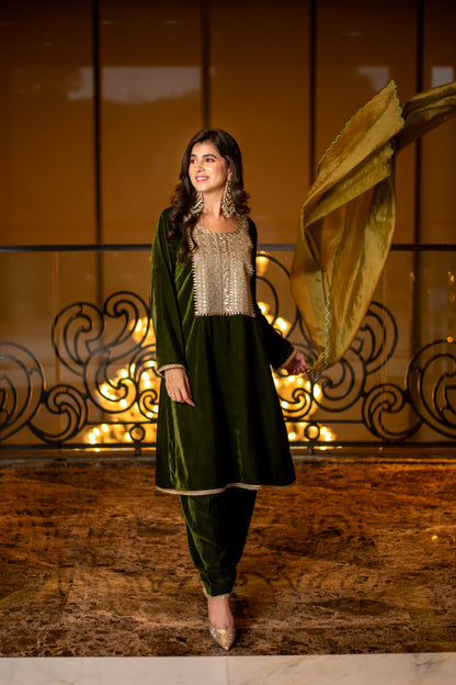 Velvet Dark Olive Kurta Set