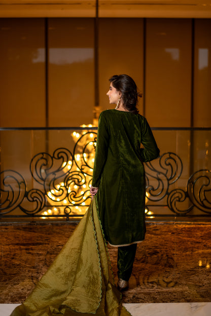 Velvet Dark Olive Kurta Set
