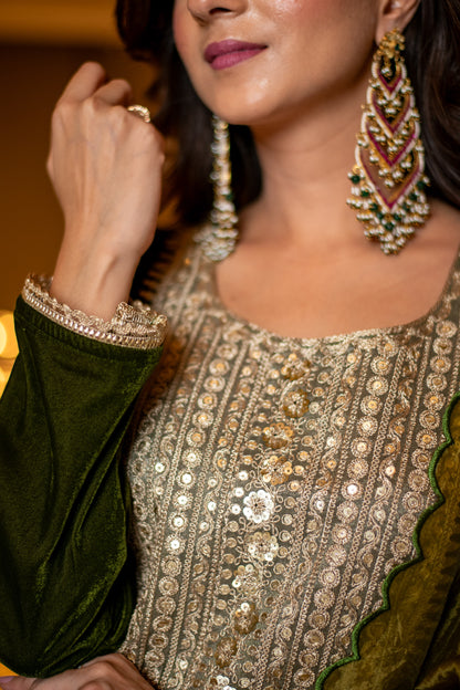 Velvet Dark Olive Kurta Set