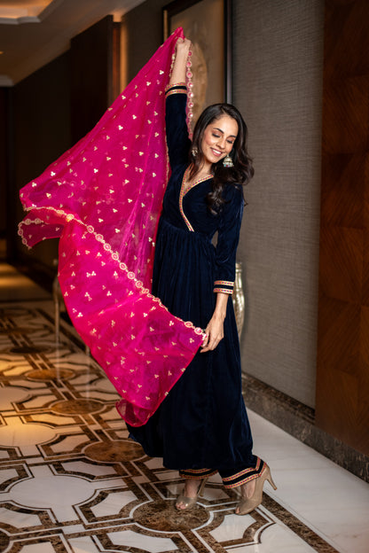 Velvet Royal Blue and Pink Overlap kurta Set