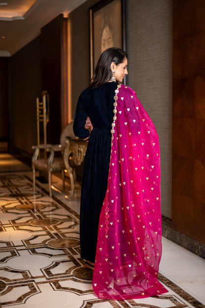 Velvet Royal Blue and Pink Overlap kurta Set