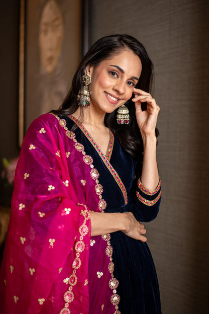 Velvet Royal Blue and Pink Overlap kurta Set