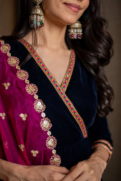 Velvet Royal Blue and Pink Overlap kurta Set