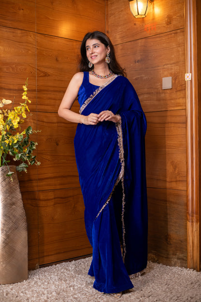Velvet Electric Blue Ready to Wear Saree