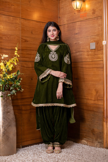 Velvet Mehendi Green Embroidered  Bell Sleeves Kurta Set
