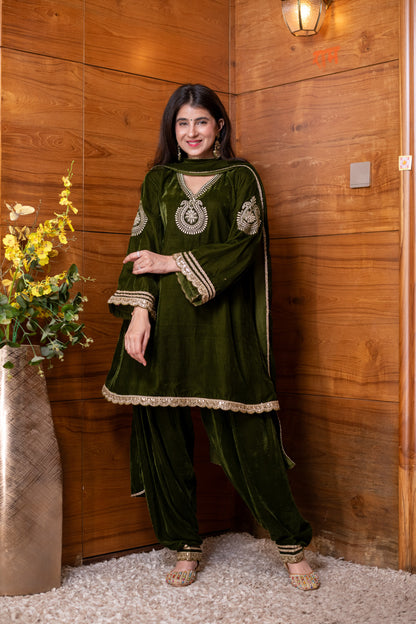 Velvet Mehendi Green Embroidered  Bell Sleeves Kurta Set
