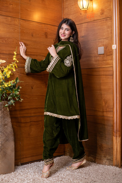 Velvet Mehendi Green Embroidered  Bell Sleeves Kurta Set
