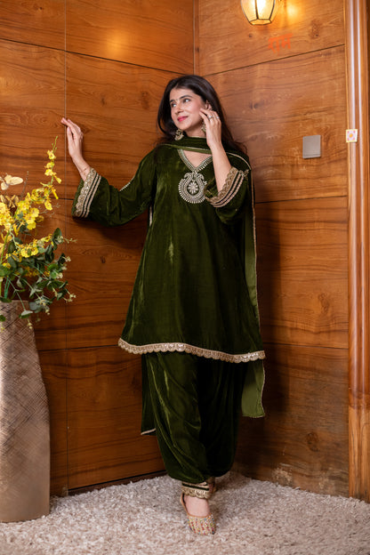 Velvet Mehendi Green Embroidered  Bell Sleeves Kurta Set