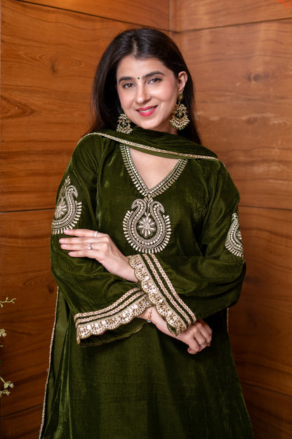 Velvet Mehendi Green Embroidered  Bell Sleeves Kurta Set