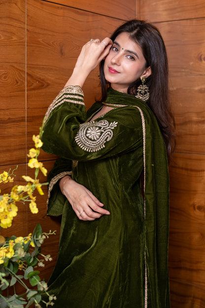Velvet Mehendi Green Embroidered  Bell Sleeves Kurta Set