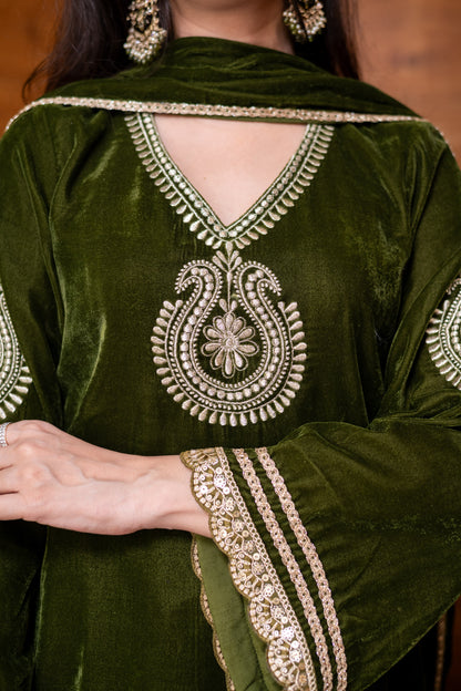 Velvet Mehendi Green Embroidered  Bell Sleeves Kurta Set