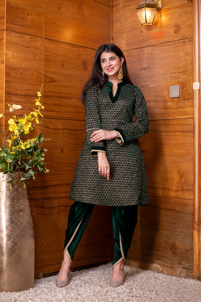 Velvet Bottle Green Dhoti with Heavy Kurta