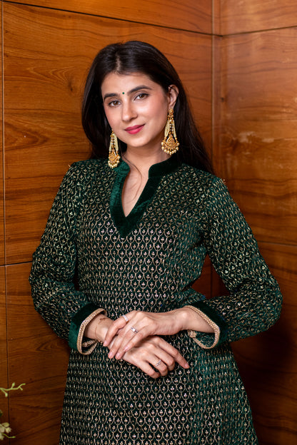 Velvet Bottle Green Dhoti with Heavy Kurta