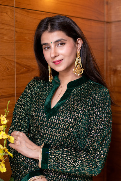 Velvet Bottle Green Dhoti with Heavy Kurta