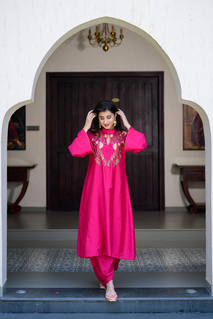 Magenta Pink Kurta Embroidery Co-Ord Set
