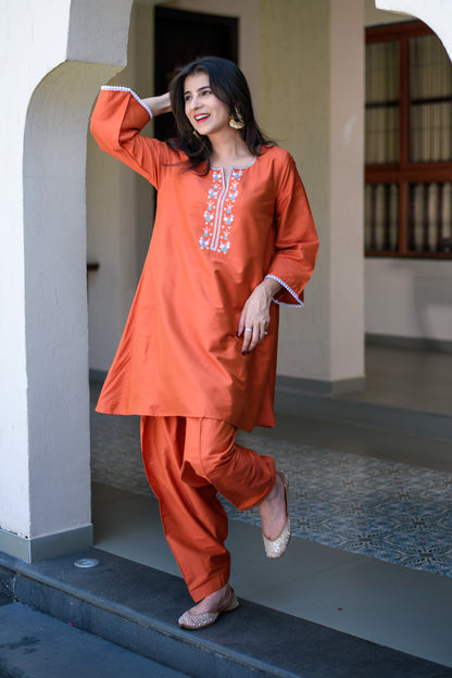 Orange Short Kurta Embroidery Co-Ord Set