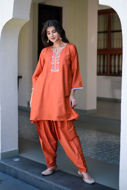 Orange Short Kurta Embroidery Co-Ord Set