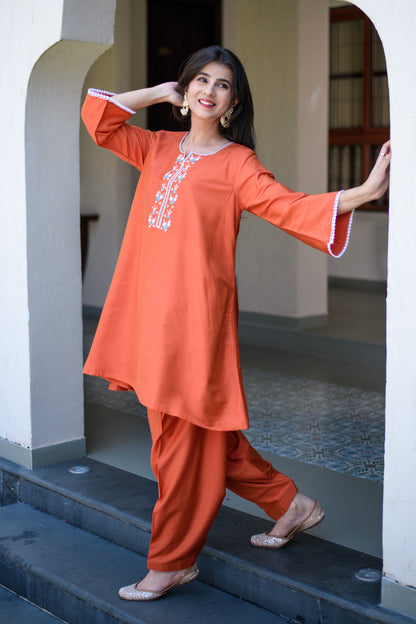 Orange Short Kurta Embroidery Co-Ord Set
