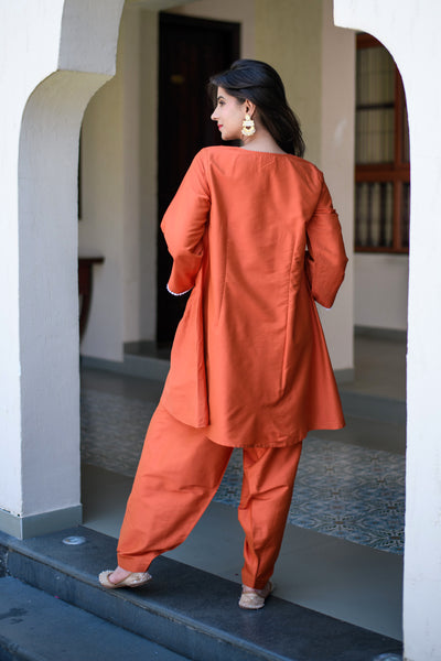 Orange Short Kurta Embroidery Co-Ord Set