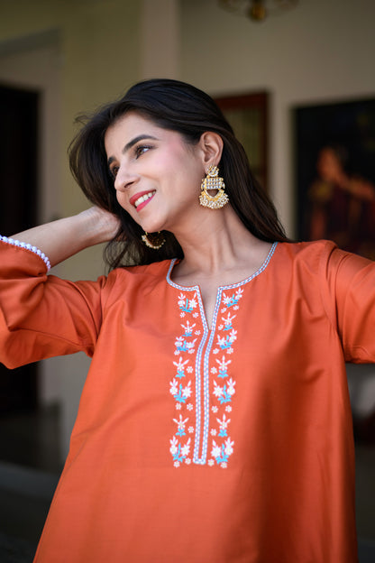 Orange Short Kurta Embroidery Co-Ord Set