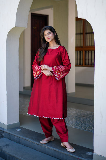 Red Bell Sleeves Embroidered CO-Ord Set
