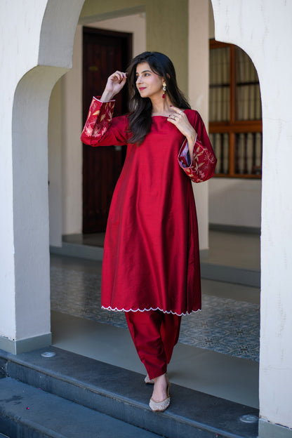 Red Bell Sleeves Embroidered CO-Ord Set