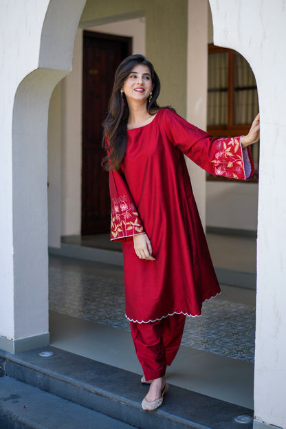 Red Bell Sleeves Embroidered CO-Ord Set