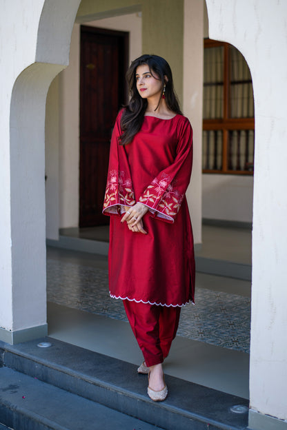 Red Bell Sleeves Embroidered CO-Ord Set