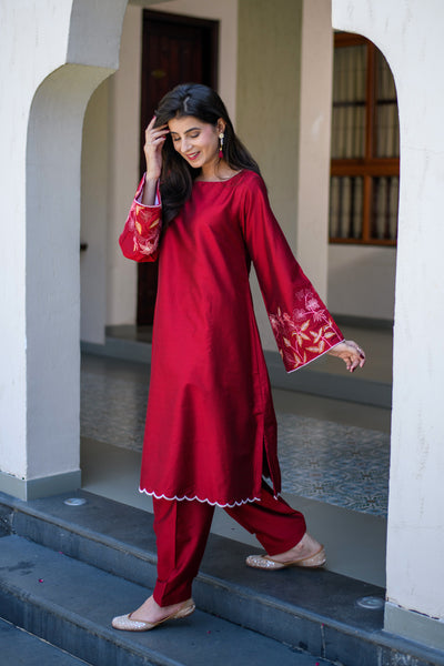 Red Bell Sleeves Embroidered CO-Ord Set