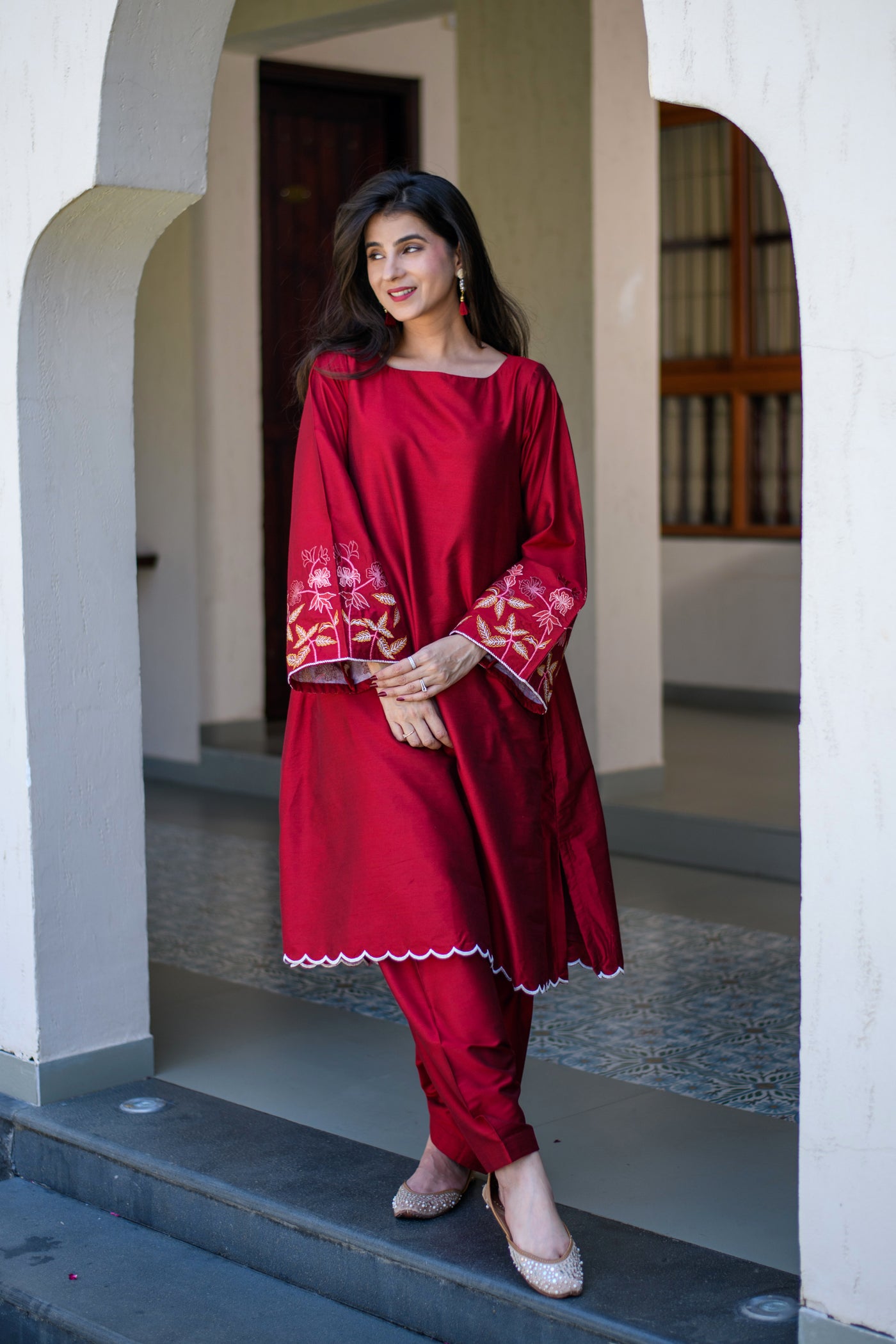 Red Bell Sleeves Embroidered CO-Ord Set