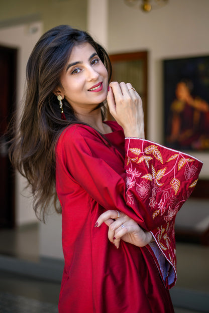 Red Bell Sleeves Embroidered CO-Ord Set