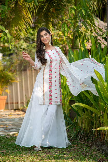 White And Red Heavy Resham Thread Embroidery