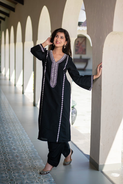 Black Long Kurta Embroidery Co-Ord Set