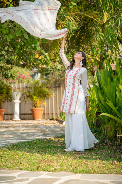 White And Red Heavy Resham Thread Embroidery