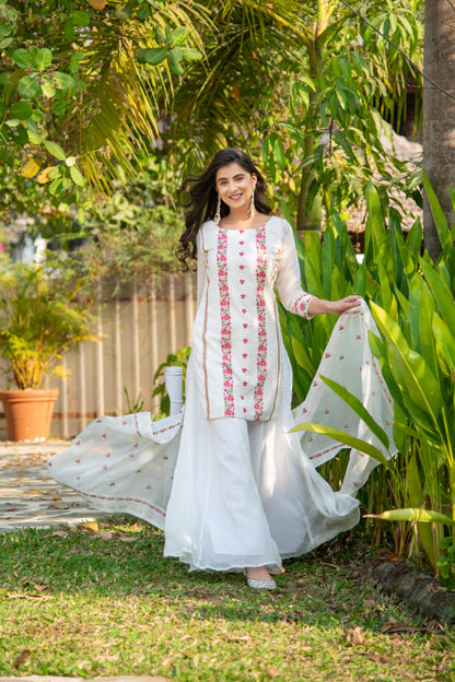 White And Red Heavy Resham Thread Embroidery