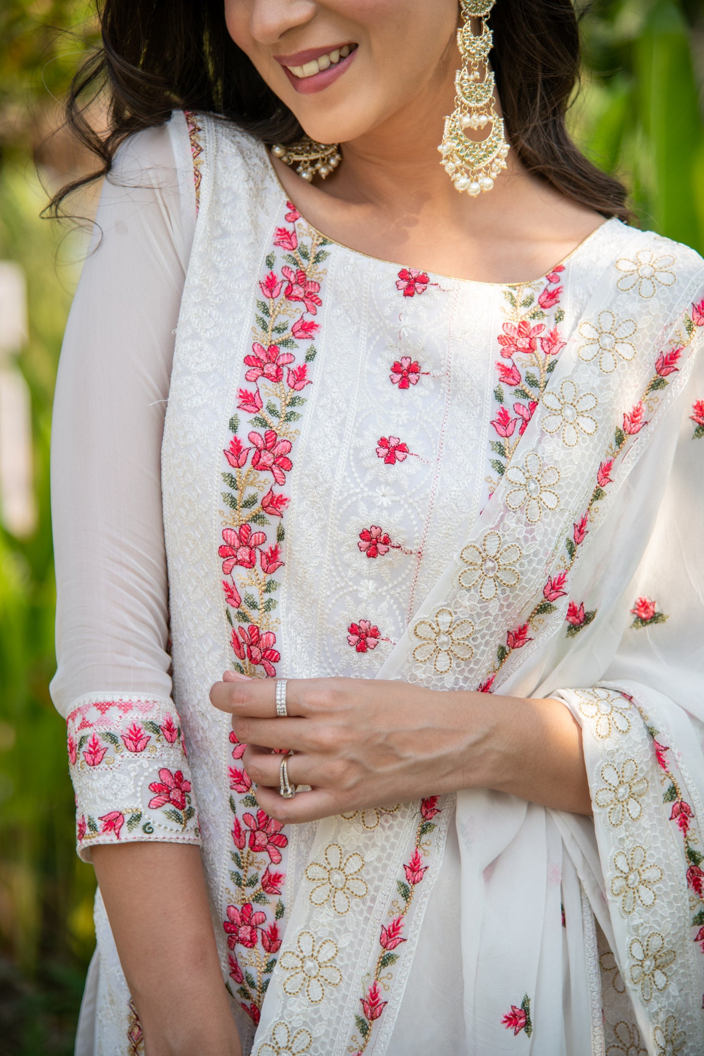 White And Red Heavy Resham Thread Embroidery