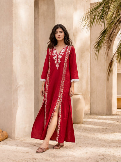 Red Long Slit Embroidered Dress
