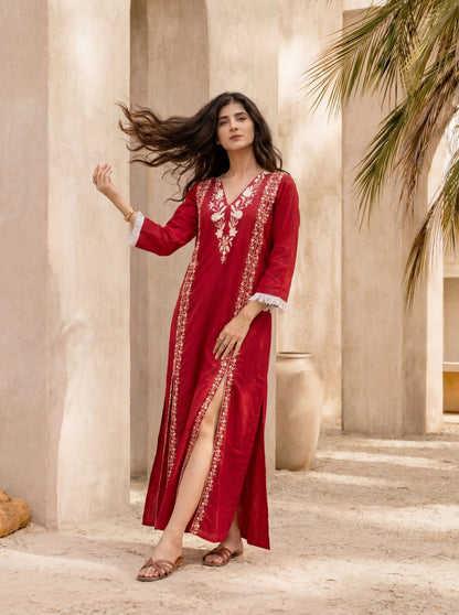 Red Long Slit Embroidered Dress