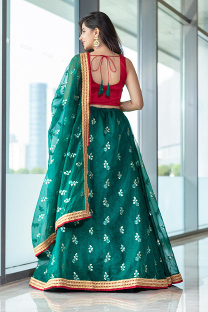 Bottle Green And Red Lehenga Set