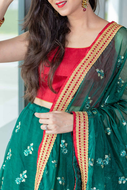 Bottle Green And Red Lehenga Set