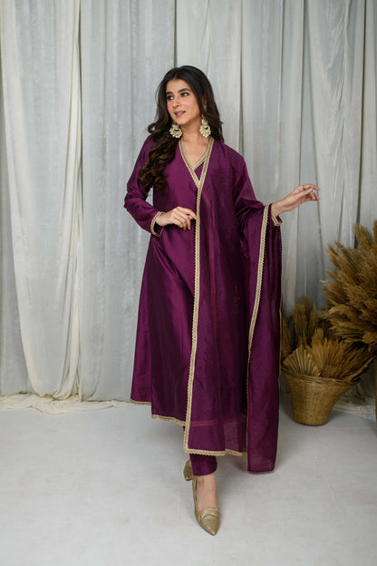 Wine Silk overlap Kurta Set