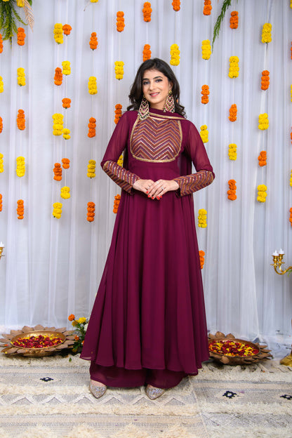 Wine Heavy Yolk Anarkali Set