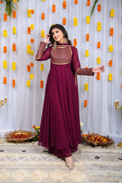 Wine Heavy Yolk Anarkali Set