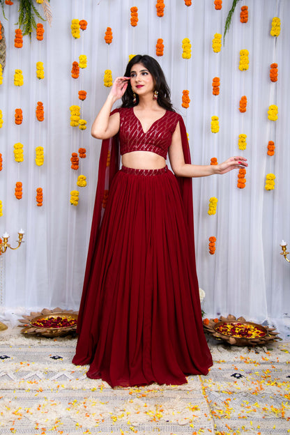 Maroon Cape Sleeves Lehenga Set