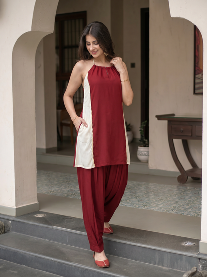 Red and off White co-ord Set with Pocket