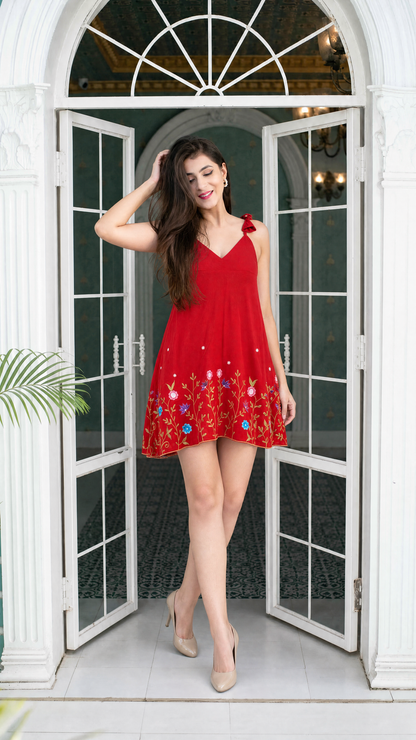 RED Embroidered Short Dress