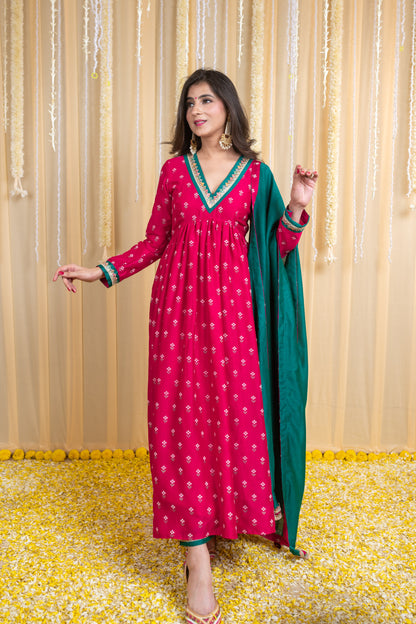 Pink & Green Rubber Foil Print Flared Anarkali Set