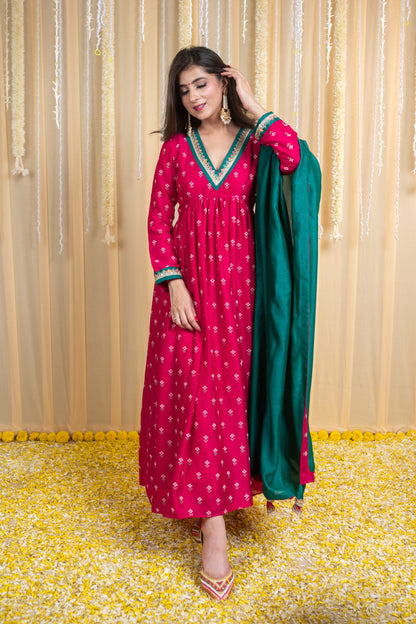 Pink & Green Rubber Foil Print Flared Anarkali Set