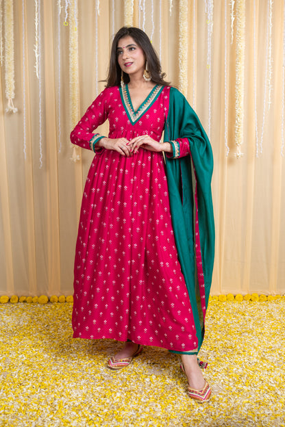 Pink & Green Rubber Foil Print Flared Anarkali Set