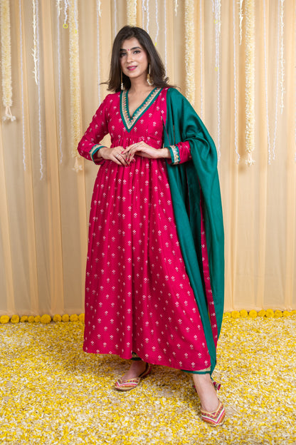 Pink & Green Rubber Foil Print Flared Anarkali Set